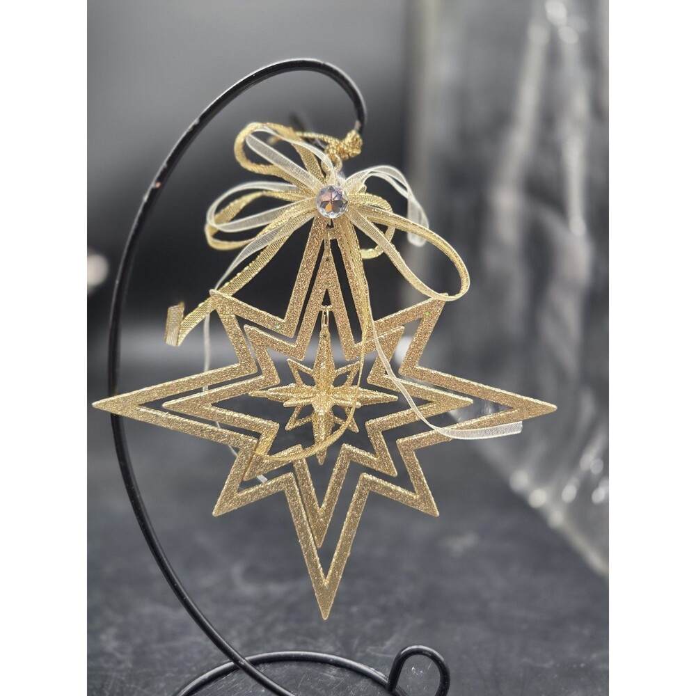 Vintage Gold Metallic Sparkle Covered Moravian Star Christmas Ornament